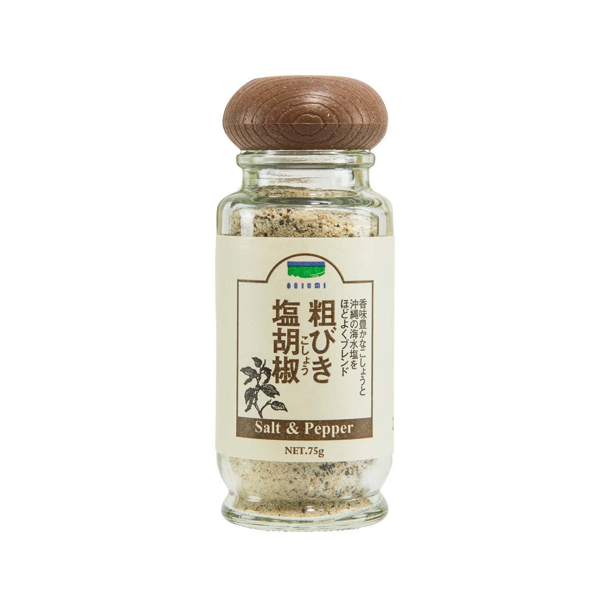 Glass salt and pepper seasoning jar with wooden lid and front label, net 75g