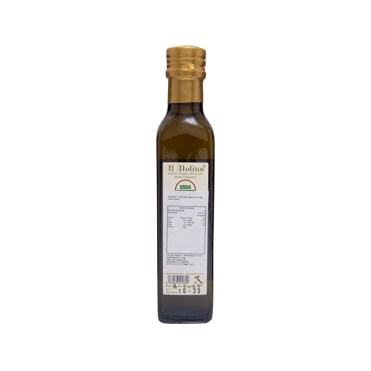 IL MOLINO organic extra virgin olive oil bottle with back label, gold cap, 250 mL