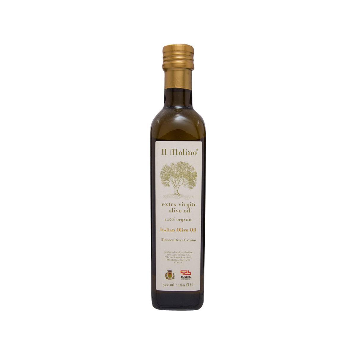 IL MOLINO organic extra virgin olive oil 500 mL bottle, front label with tree logo