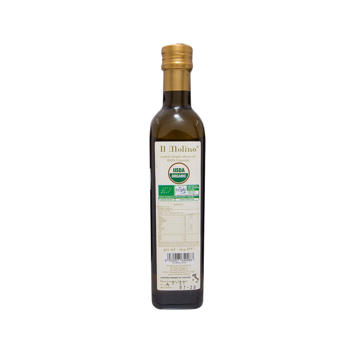 IL MOLINO organic extra virgin olive oil 500 mL bottle, back label with USDA organic seal