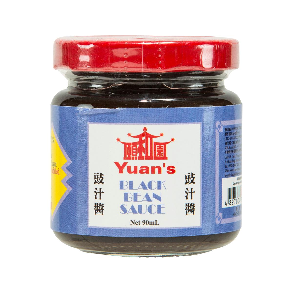 Yuan's black bean sauce jar with red cap and blue label, 90 mL