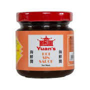 YUAN'S Hoi Sin sauce jar with red cap and orange label, net 90 mL