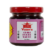 Chili puree sauce jar with red lid and purple front label, 90 mL