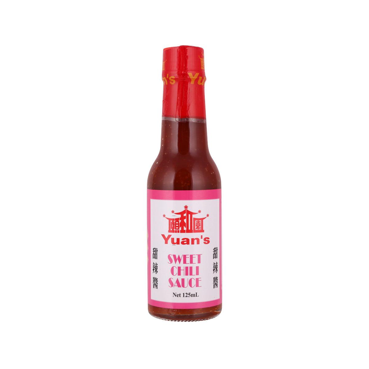 YUAN'S sweet chili sauce bottle, 125 mL, red cap and pink label.