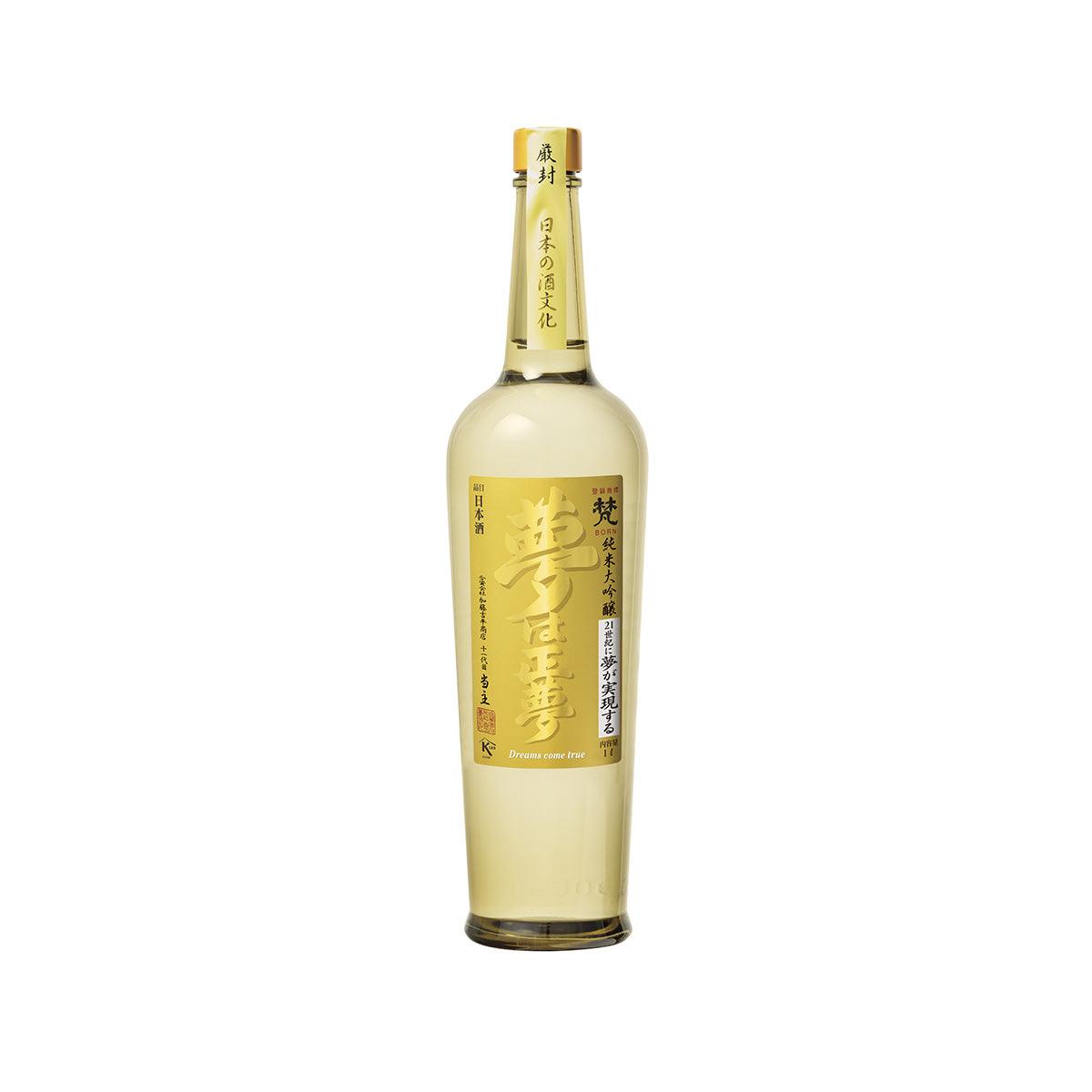 BORN Dreams Come True Junmai Daiginjo sake bottle, 1L, tall clear glass