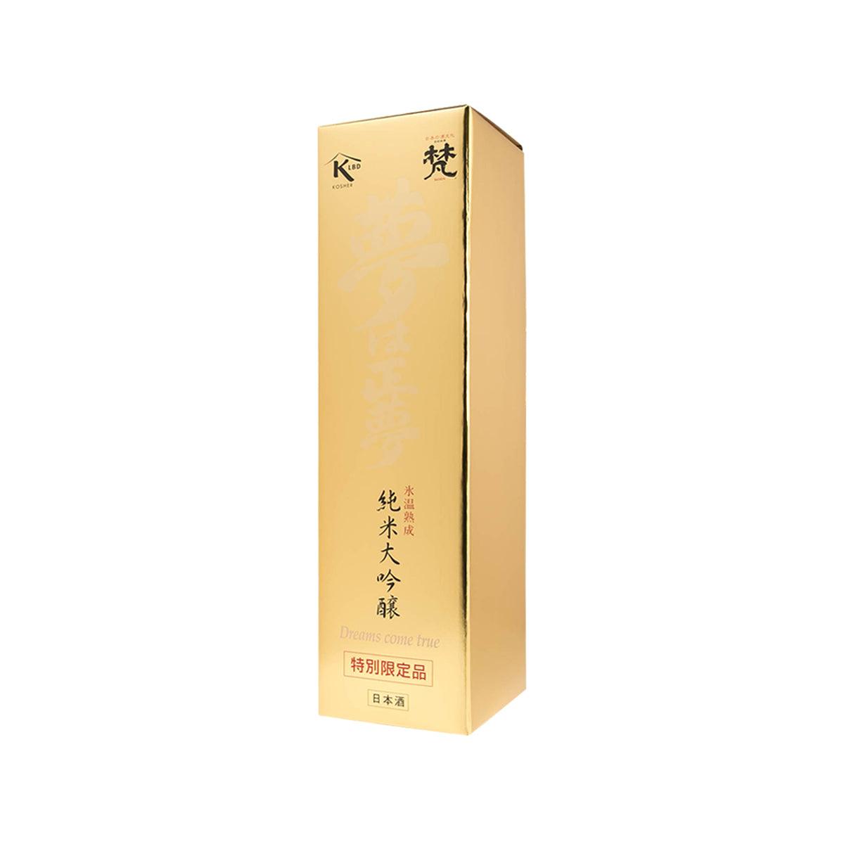 BORN Dreams Come True Junmai Daiginjo sake box, 1L, gold with Japanese label