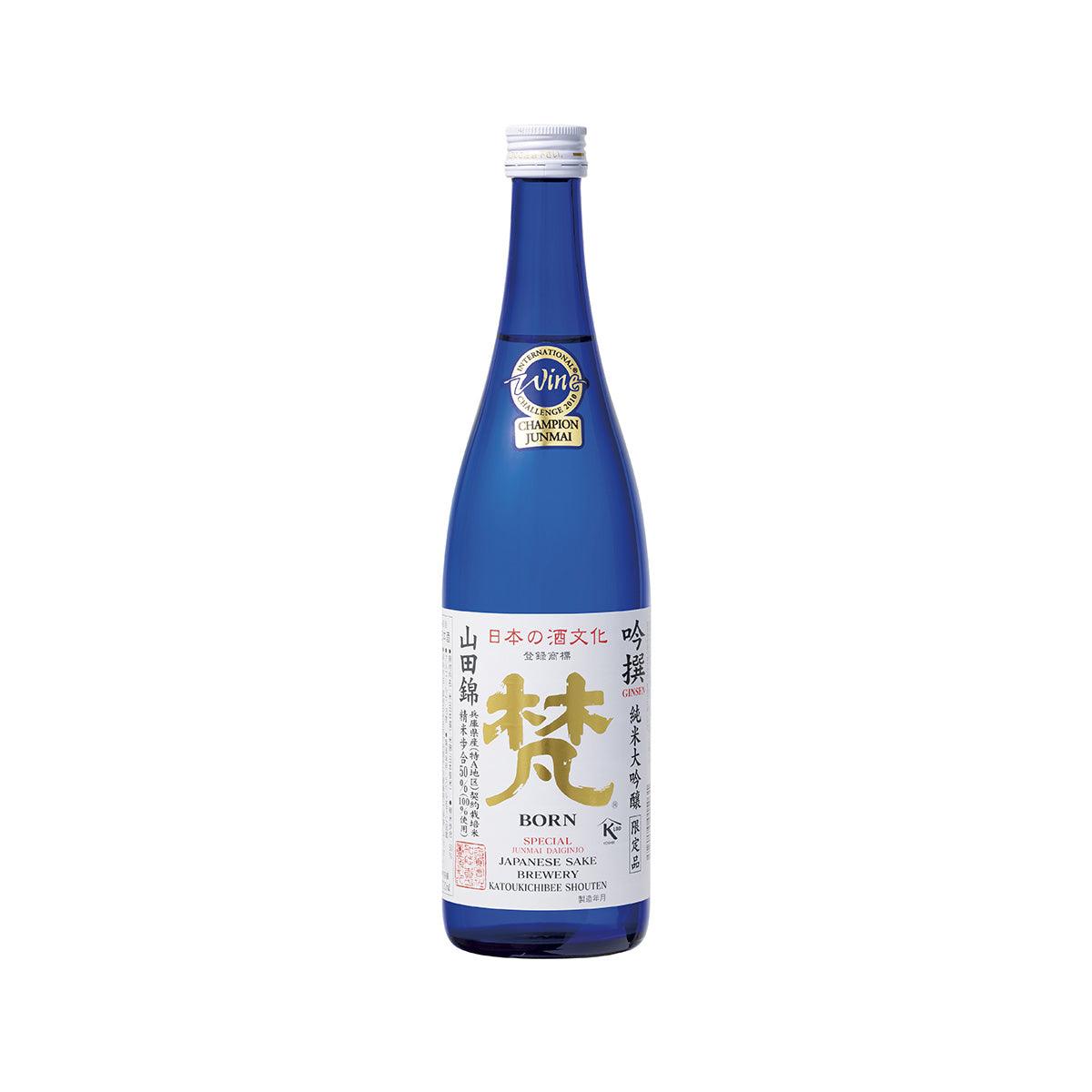 BORN Ginsen Junmai Daiginjo sake bottle, blue glass with white label and cream cap