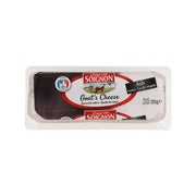 Goat cheese log in plastic tray, dark ash rind and white label, 125 g