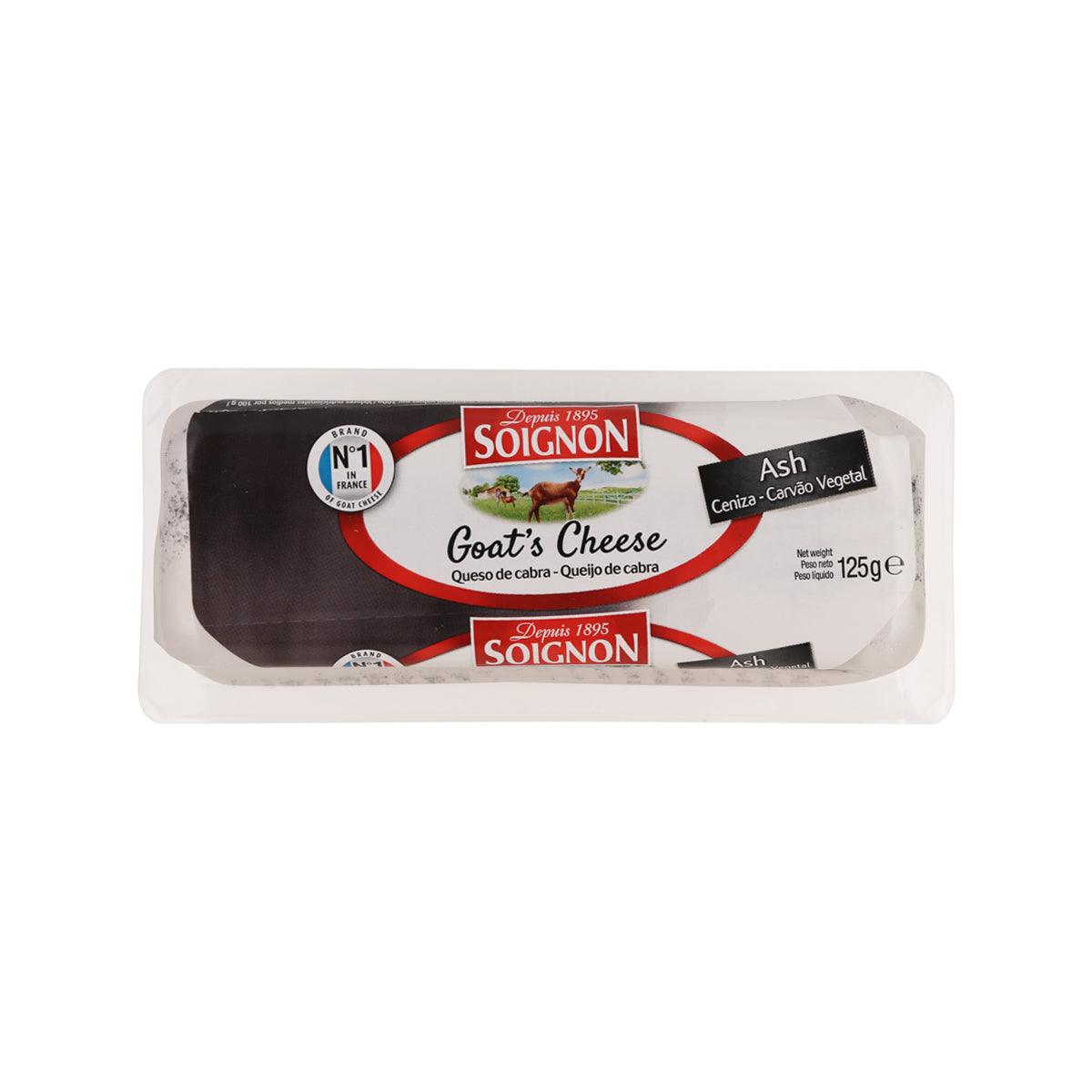 Goat cheese log in plastic tray, dark ash rind and white label, 125 g