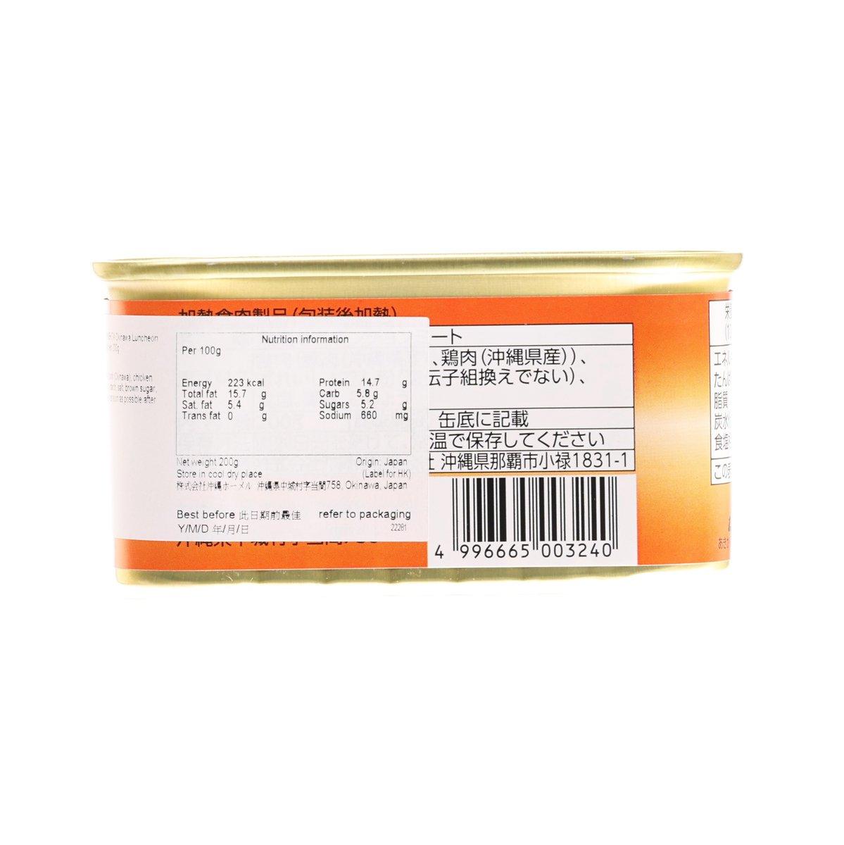 WASHITA canned Okinawa luncheon meat 200g, back label with nutrition and ingredients.