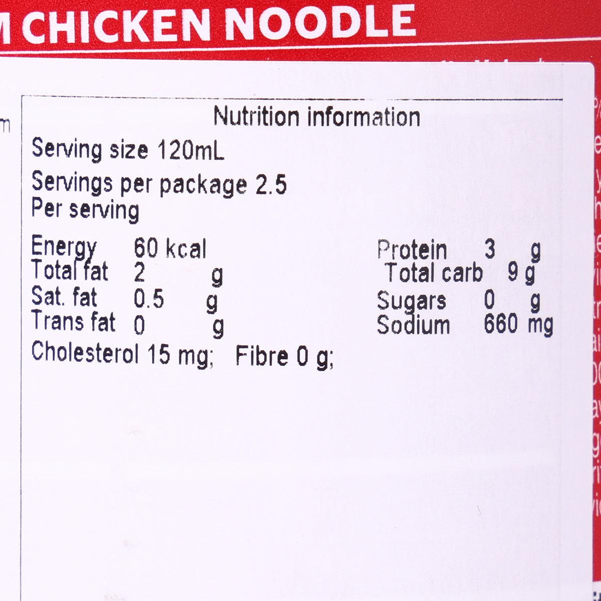 Campbell's chicken noodle soup nutrition information panel, serving size 120 mL