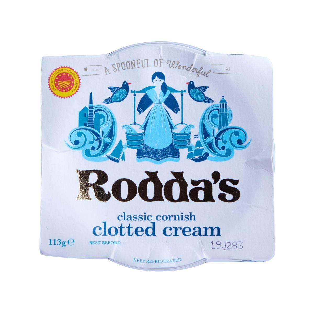 A.E. RODDA'S classic clotted cream 113g pack, white with blue artwork and logo