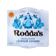 A.E. RODDA'S classic clotted cream 113g pack, white with blue artwork and logo
