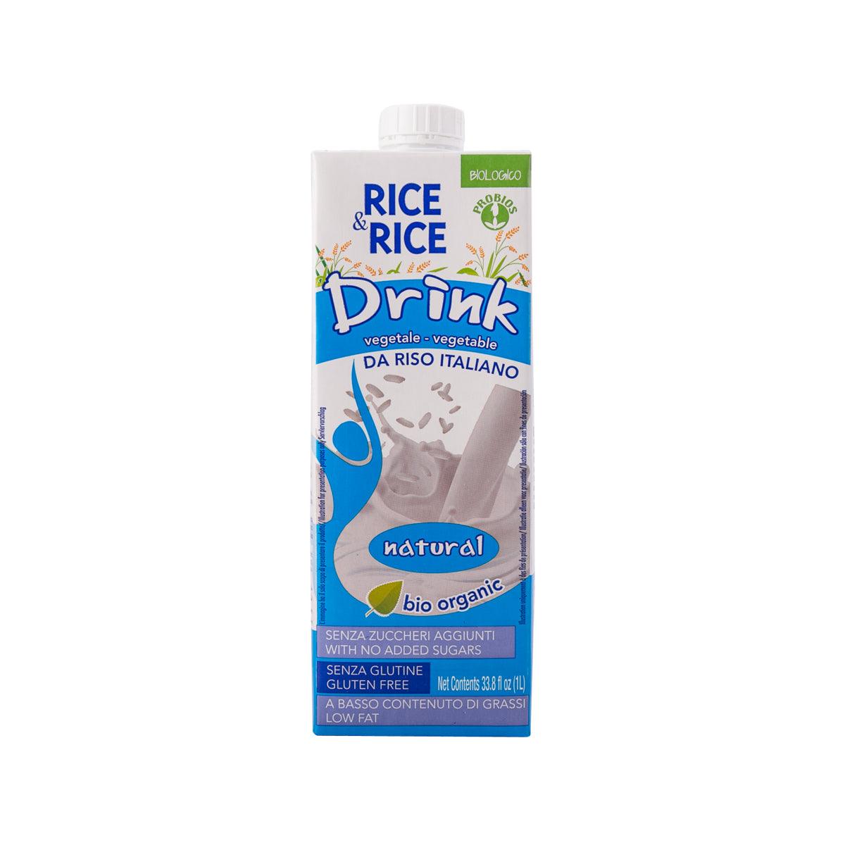 PROBIOS organic rice drink carton, natural, white with blue label and flip-top cap