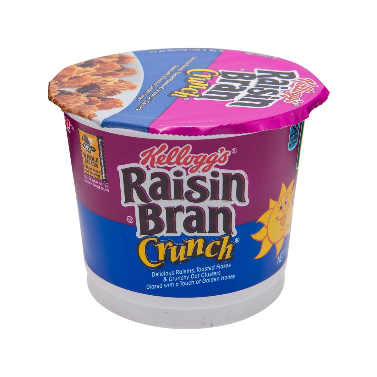 Kellogg's Raisin Bran Crunch cereal cup with purple and blue front label