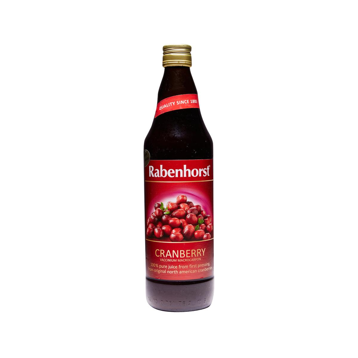 Cranberry juice bottle with RABENHORST label, 750 mL, front view