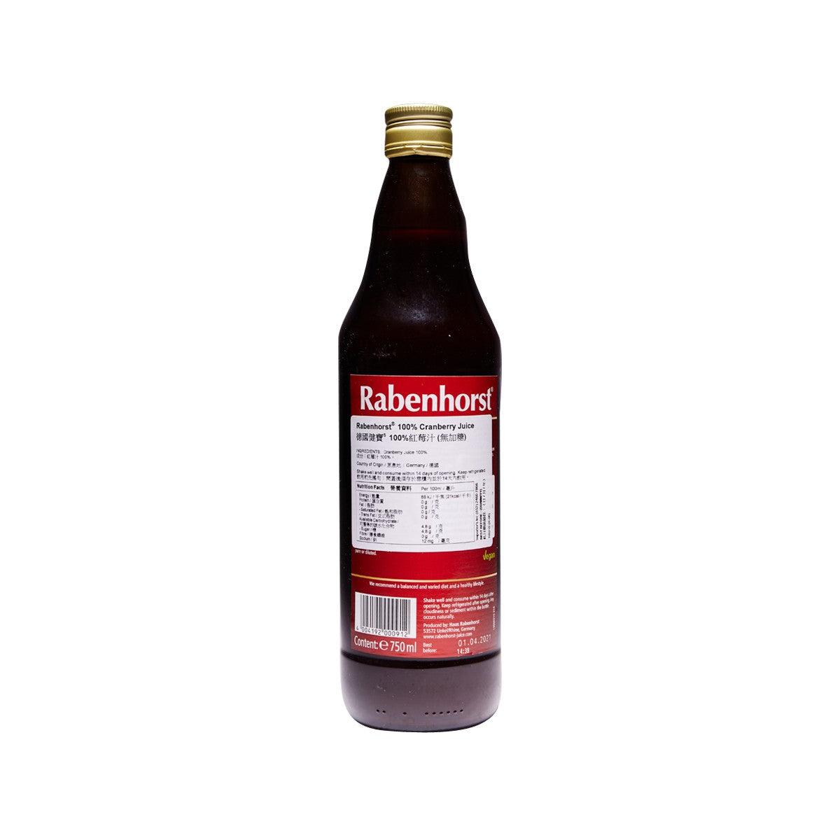 Cranberry juice bottle with RABENHORST label, 750 mL, back view