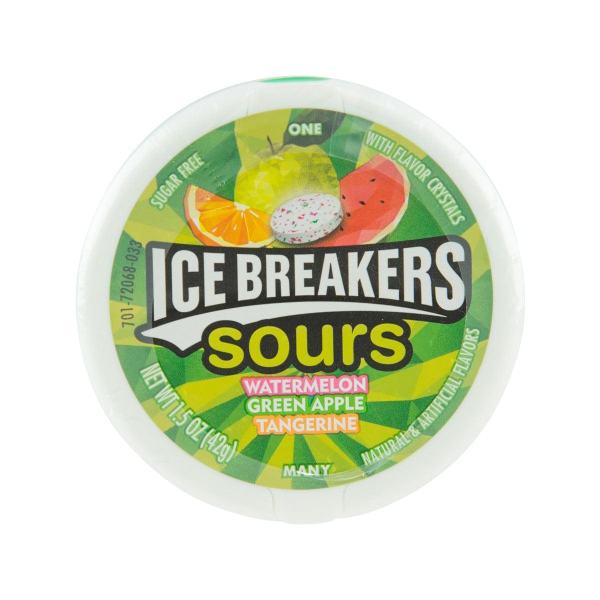 ICE BREAKERS Sours candy tub lid, green with watermelon, green apple, tangerine flavors