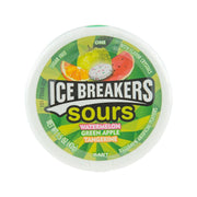 ICE BREAKERS Sours candy tub lid, green with watermelon, green apple, tangerine flavors