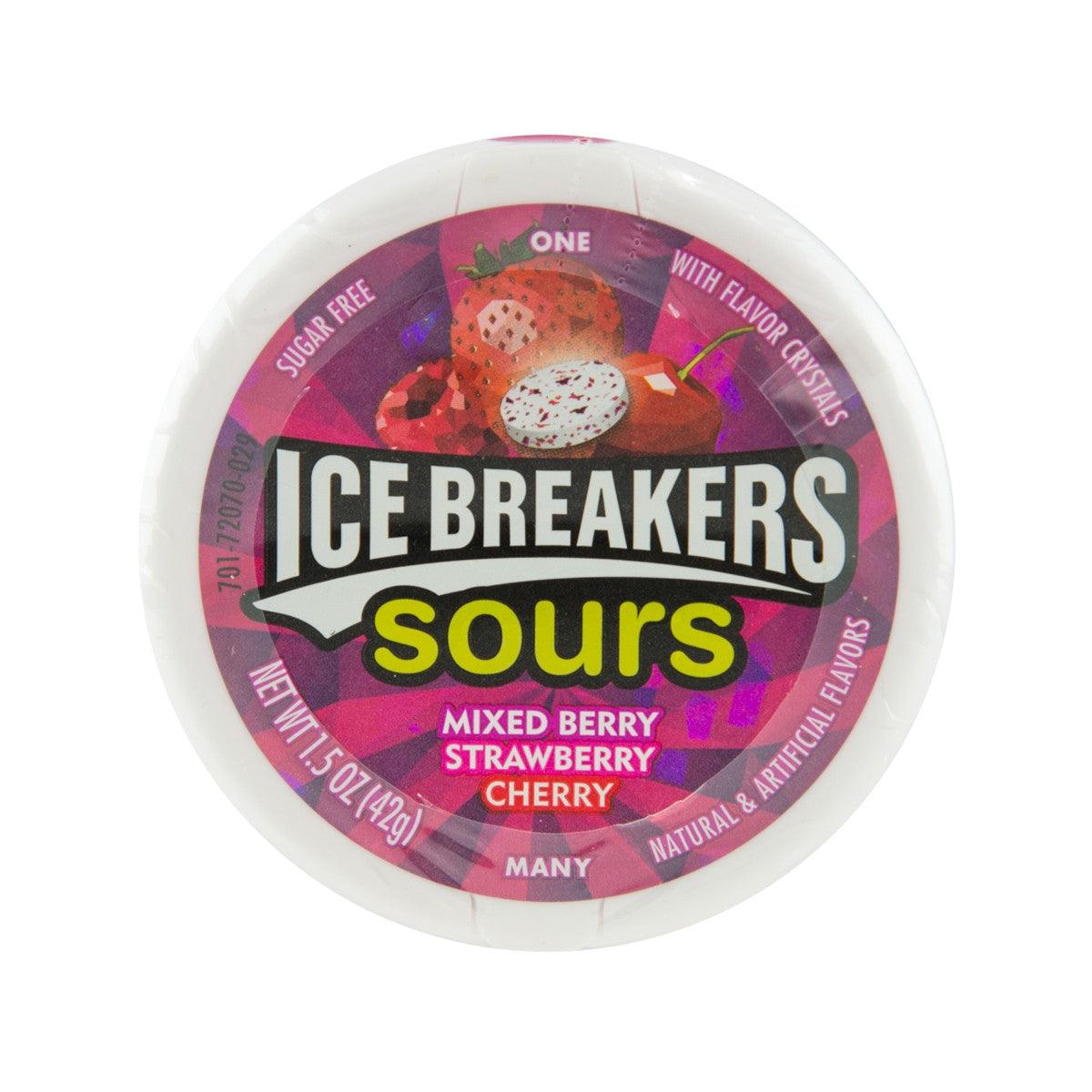 Sour candy tub lid with ICE BREAKERS Sours label, mixed berry strawberry cherry