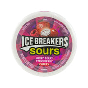 Sour candy tub lid with ICE BREAKERS Sours label, mixed berry strawberry cherry