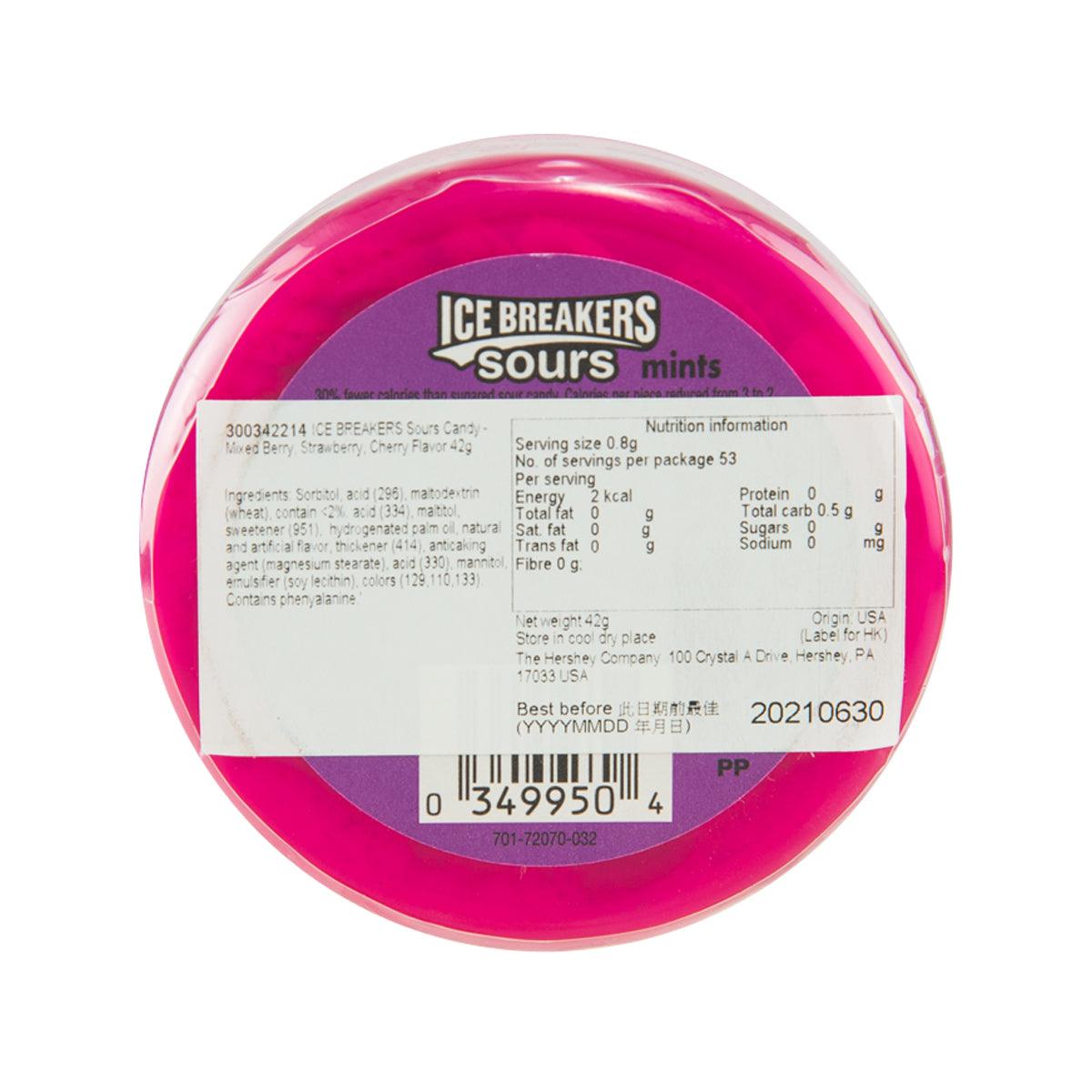 Sour candy tin back label with nutrition facts and barcode, pink circular container