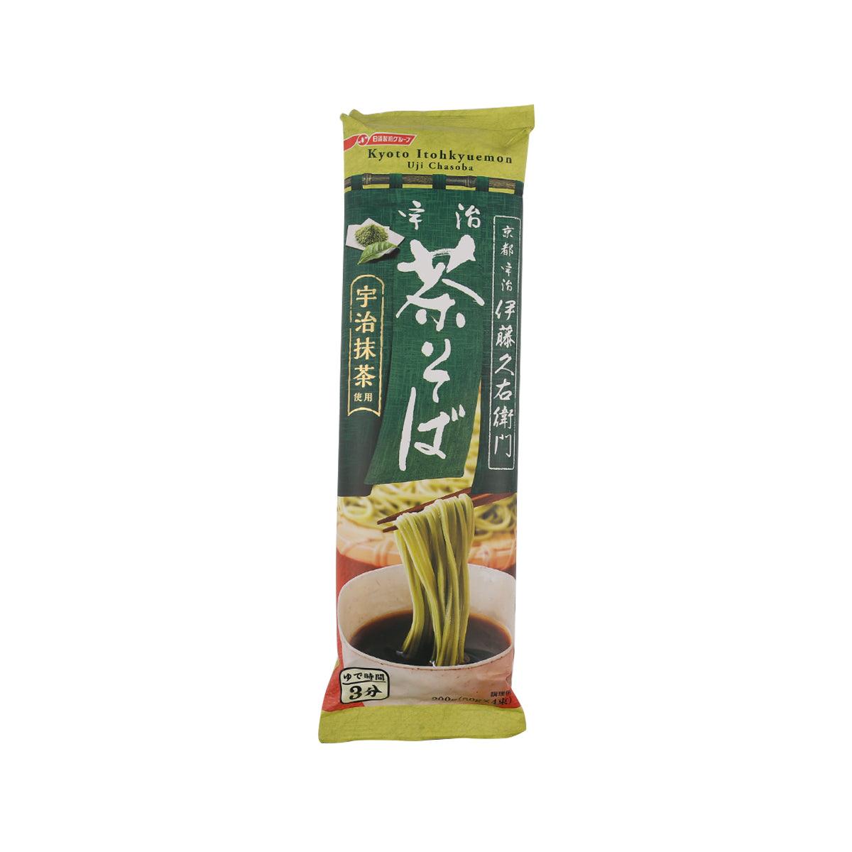 Matcha soba noodle packet with green tea noodles pictured on the front