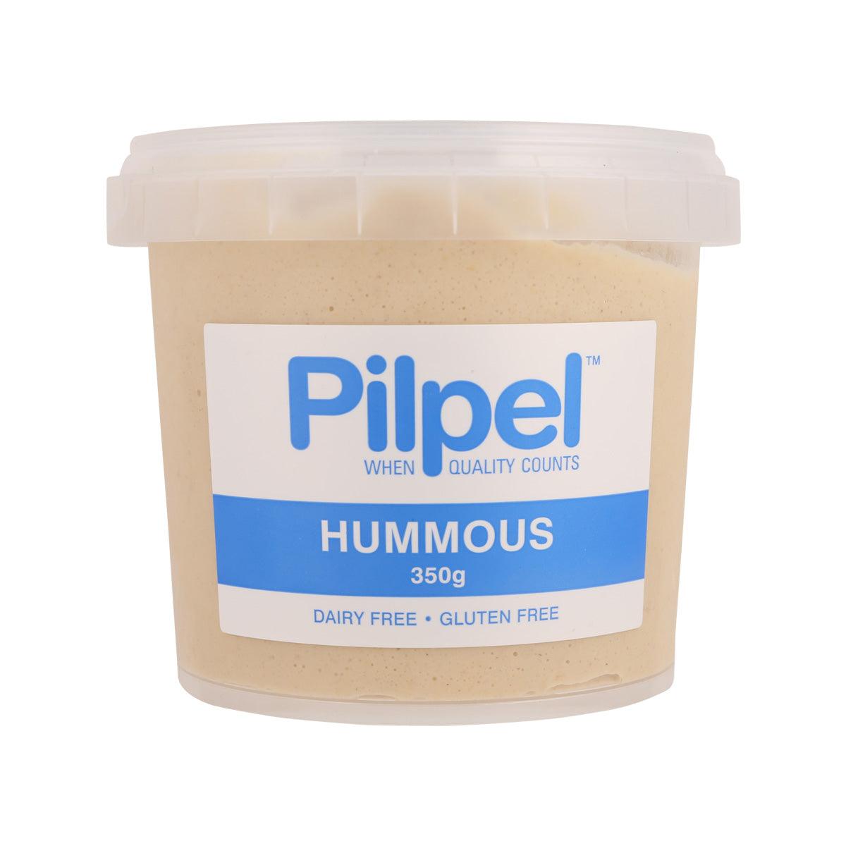 PILPEL hummous dip tub with blue label, beige contents, 350 g