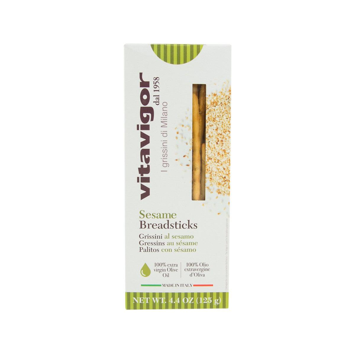 VITAVIGOR sesame breadsticks package with breadstick and sesame seed artwork