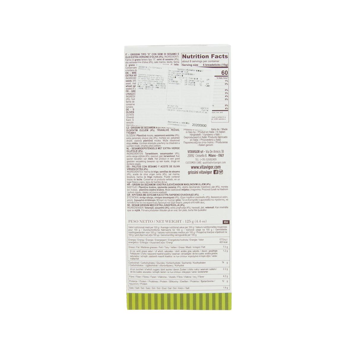 VITAVIGOR sesame breadsticks package back with nutrition facts panel