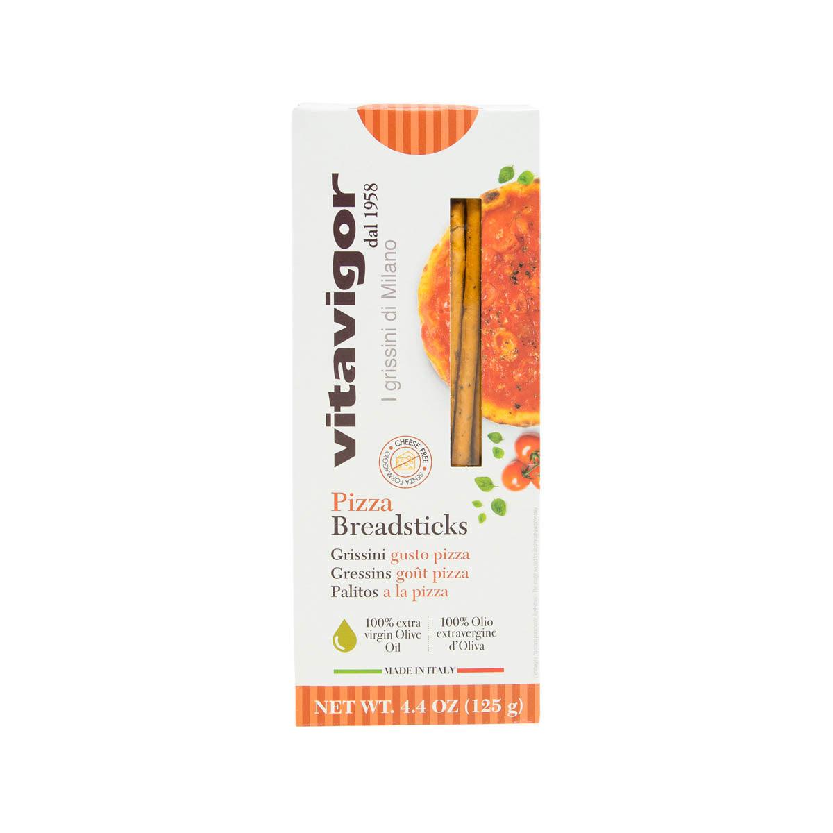 Pizza-flavored breadsticks snack in retail box, olive-oil style, 125 g