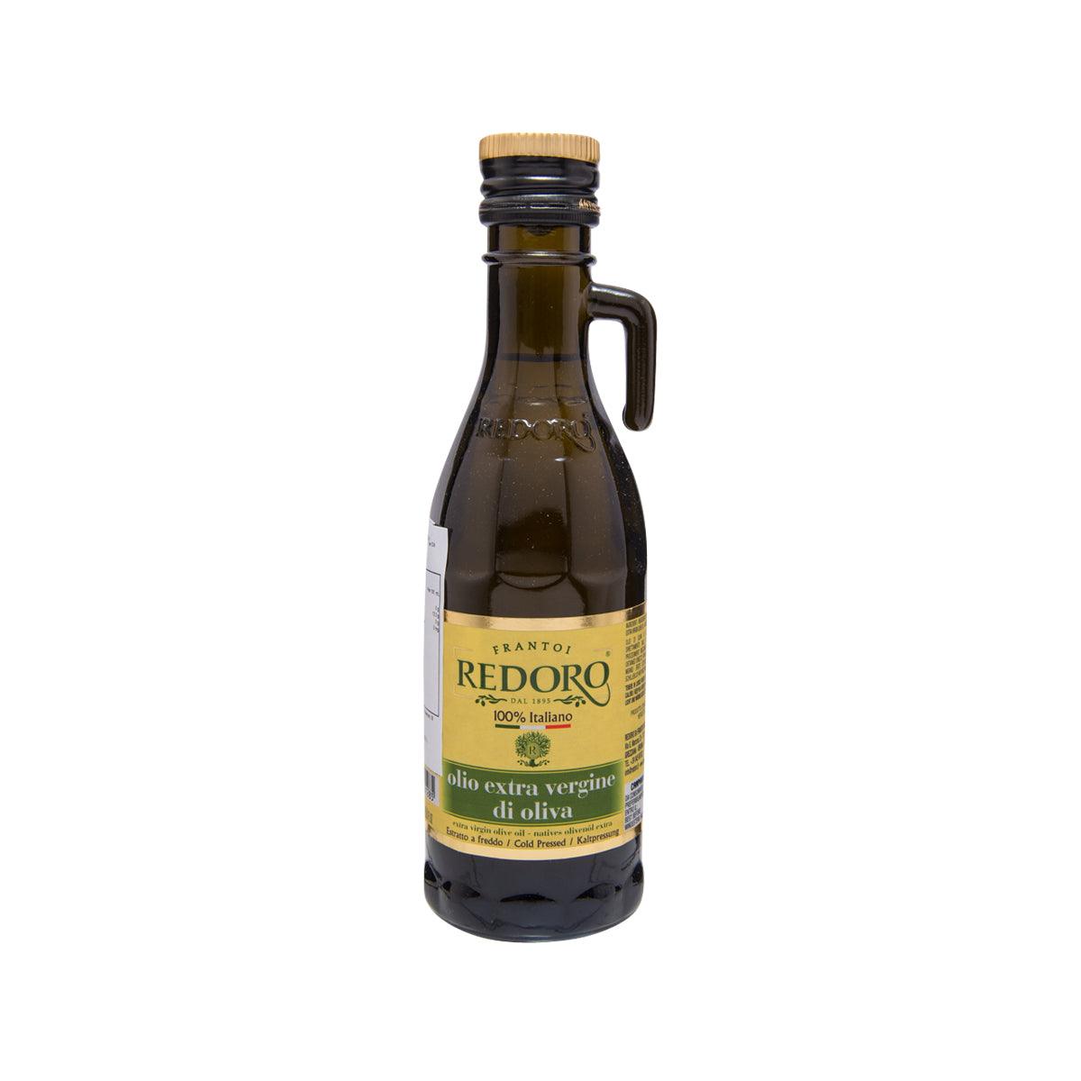 REDORO extra virgin olive oil bottle, 250 mL, dark glass with handle and cork top