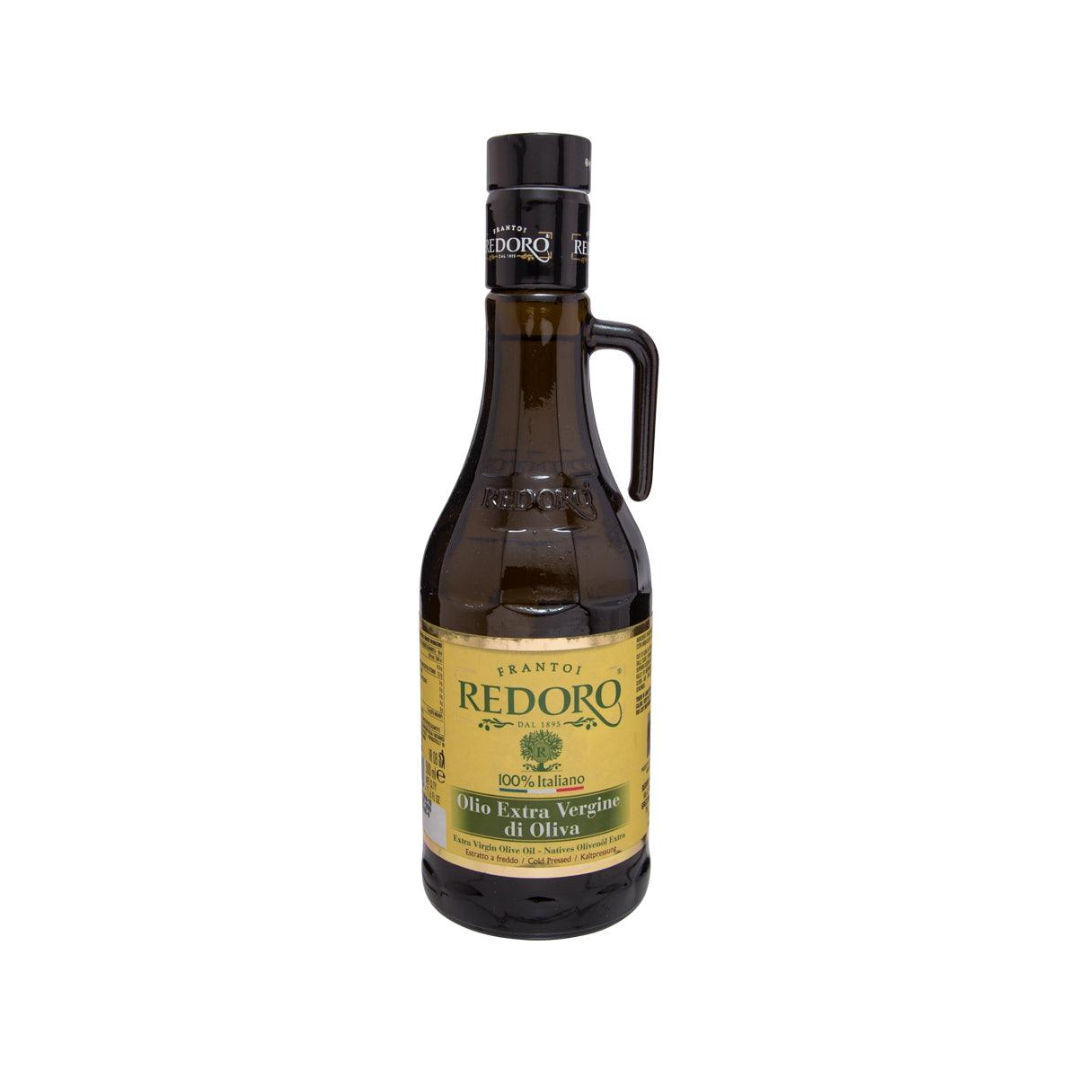 Extra virgin olive oil bottle, REDORO label, dark glass with black cap and handle