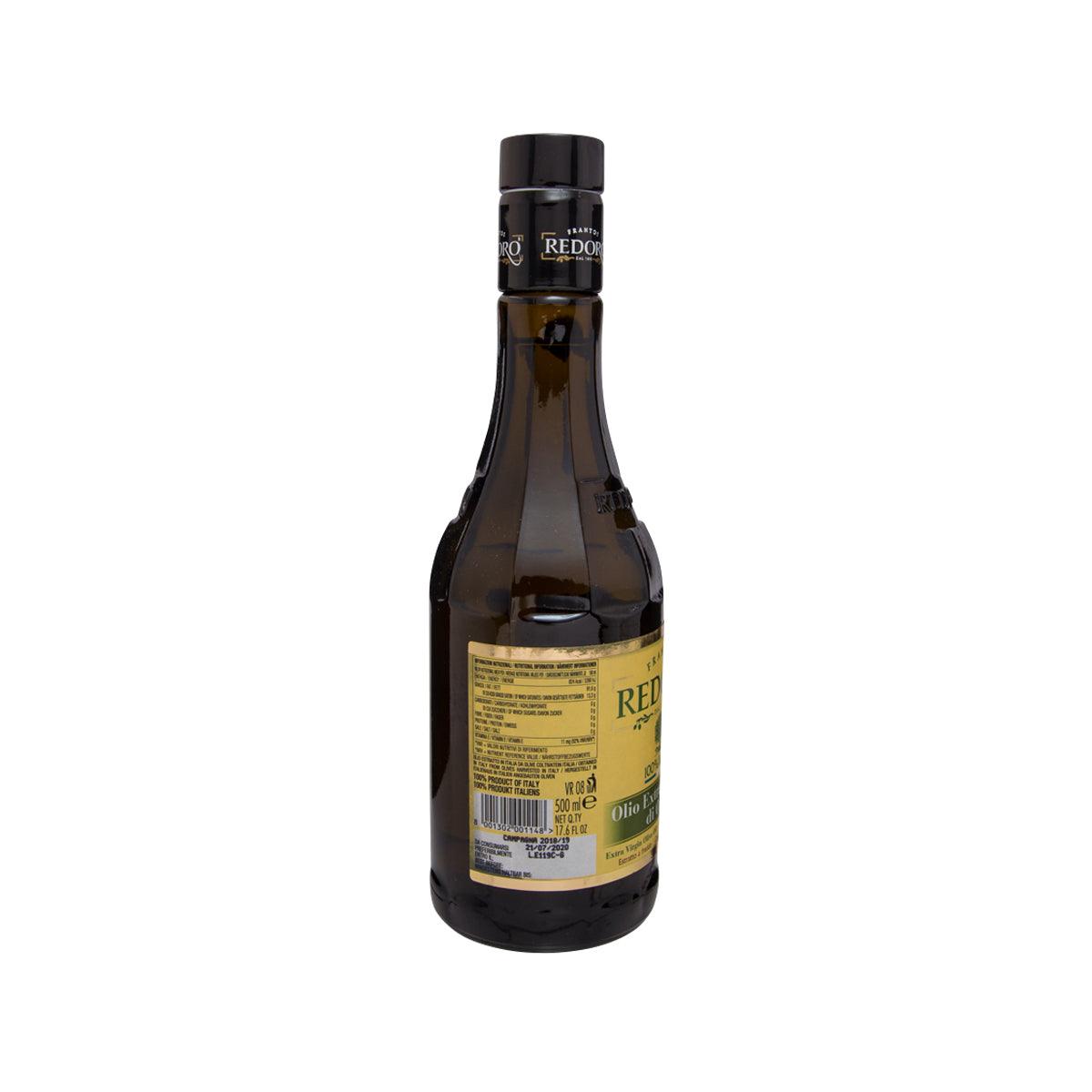 Extra virgin olive oil bottle, REDORO back label, dark glass with black cap and handle
