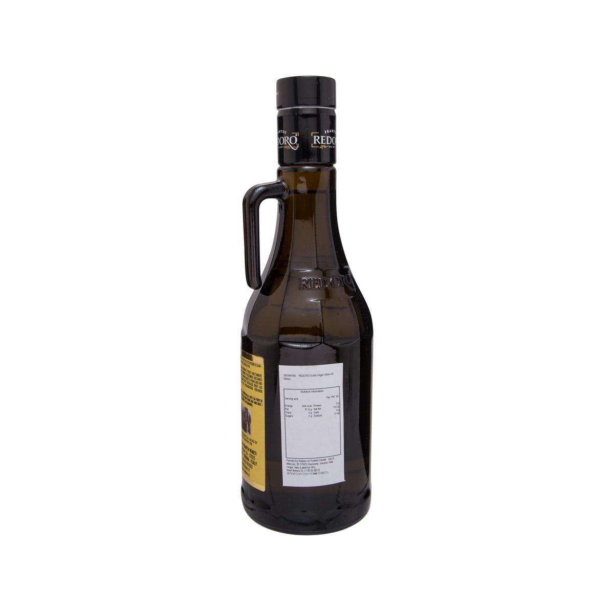 Extra virgin olive oil bottle, REDORO rear label area, dark glass, black cap and handle