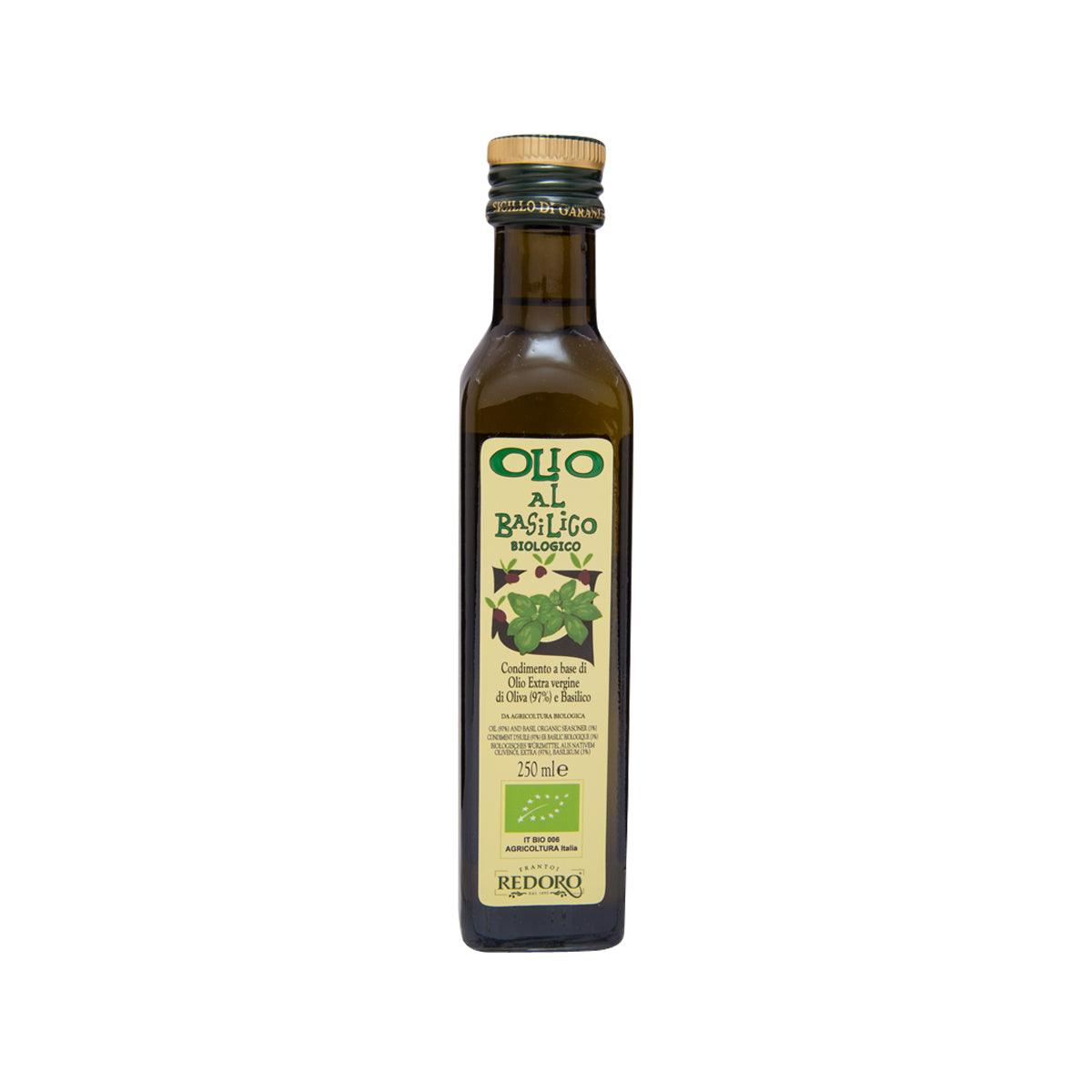 REDORO basil extra virgin olive oil bottle, 250 mL, front label