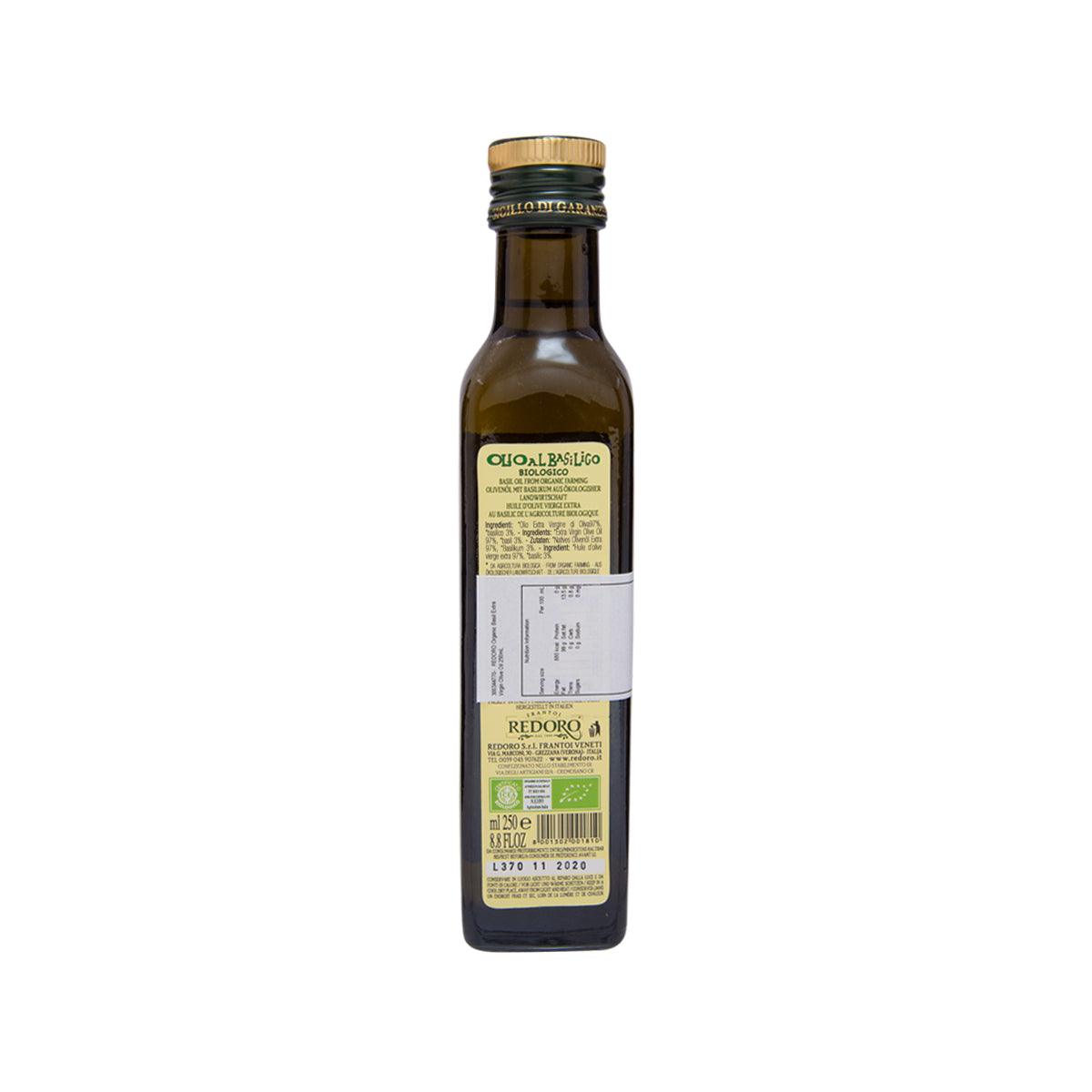 REDORO basil extra virgin olive oil bottle, 250 mL, back label