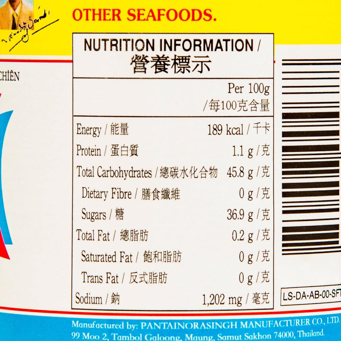 Nutrition information label for sweet chili sauce per 100g with barcode