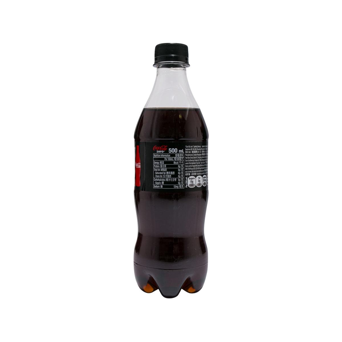 Coca-Cola Coke Zero PET bottle, 500 mL, side label panel and logo