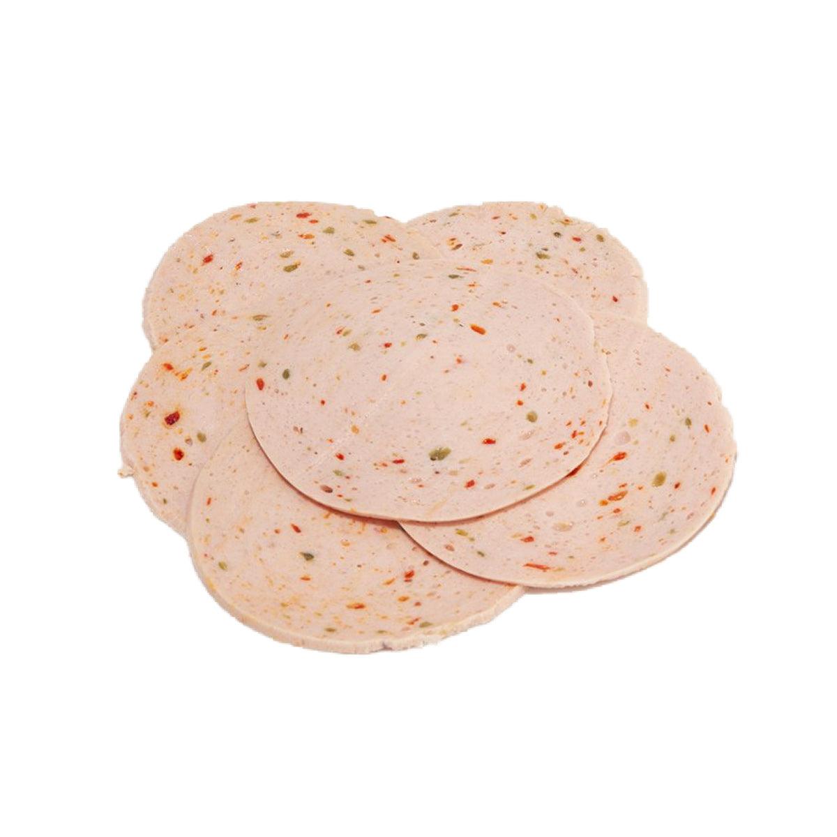 Paprika lyoner sausage slices, light pink with herb and pepper speckles