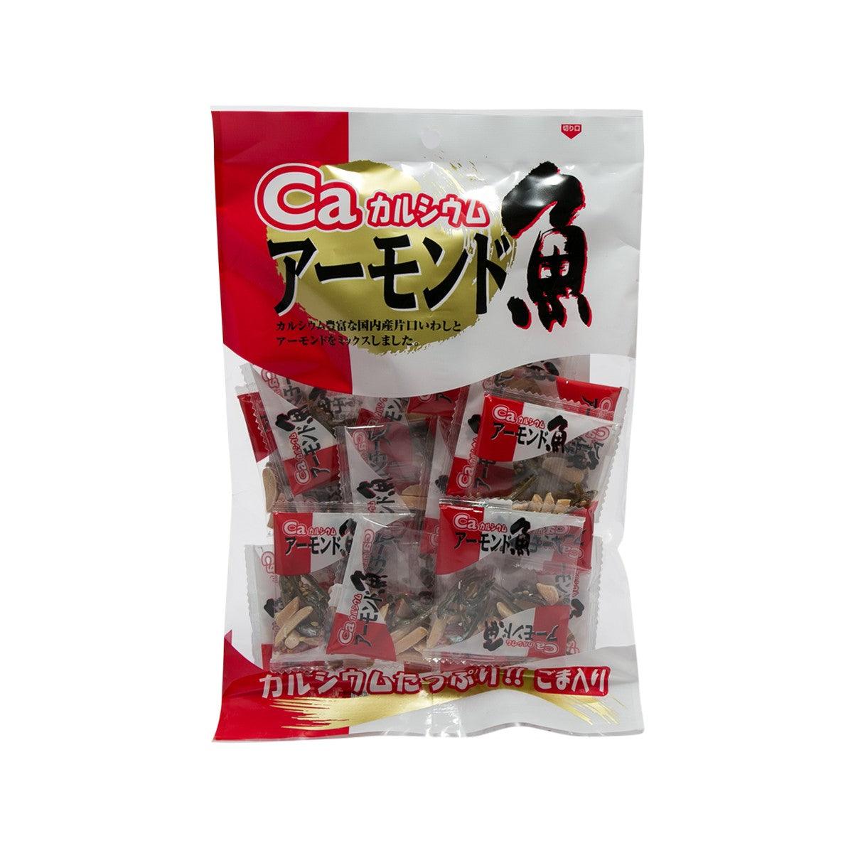Almond and fish snack mini pack pouch with clear window and red/black label