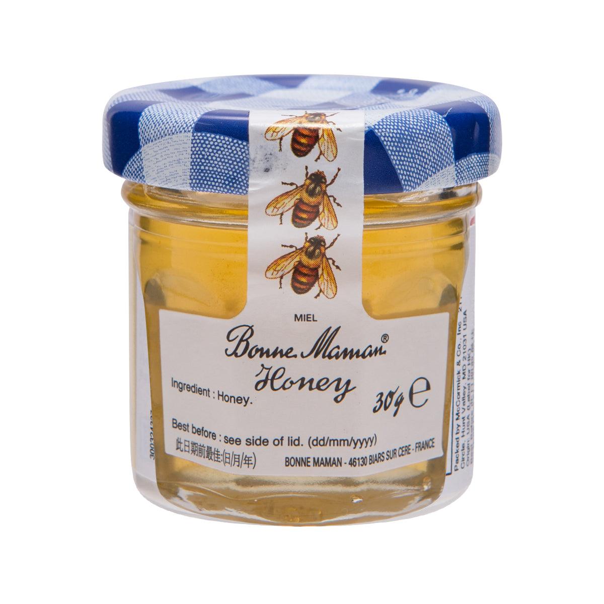 Honey jar BONNE MAMAN honey 30g with blue lid and bee-labeled front