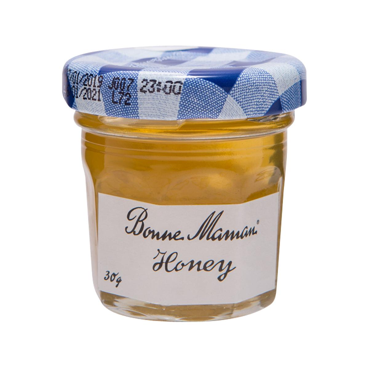 Honey jar BONNE MAMAN honey 30g with blue lid and Honey label front