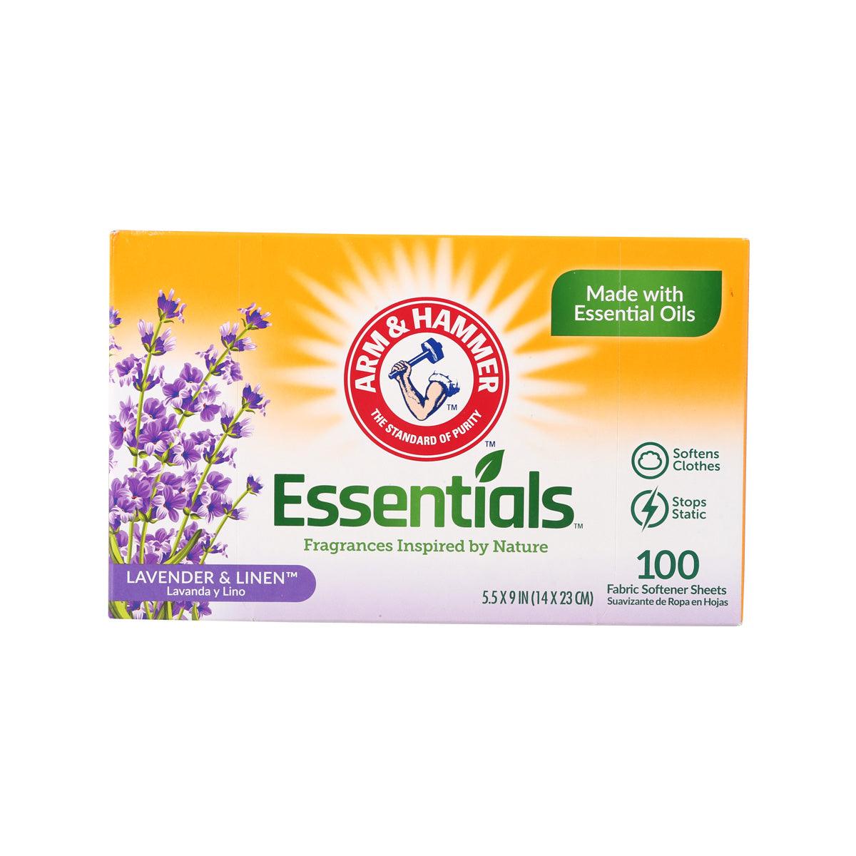 ARM & HAMMER Essentials lavender & linen dryer sheet box, 100 sheets.