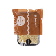 Fresh noodle pack in brown paper bag with clear window and Japanese characters