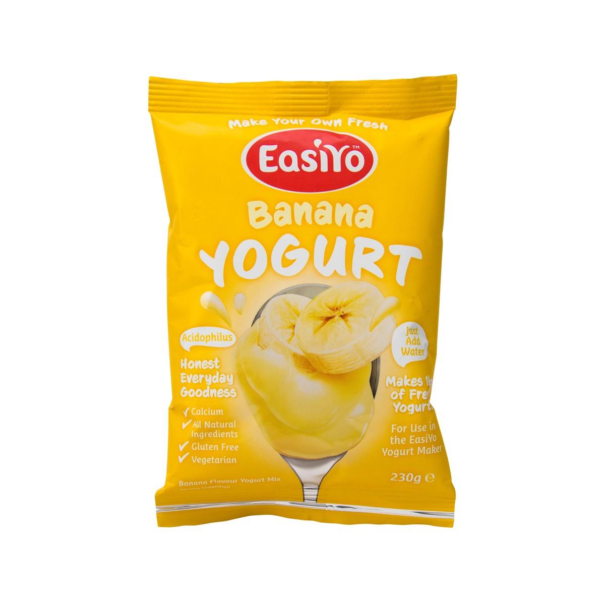 EASIYO banana yogurt base pouch, yellow bag with banana graphic and logo