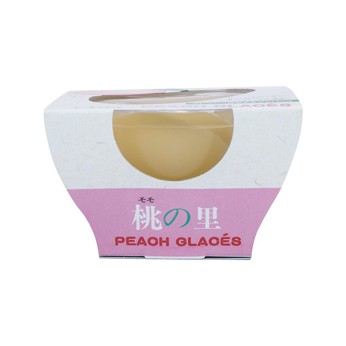 Peach jelly cup package with side window showing pale golden gel, white peach flavor