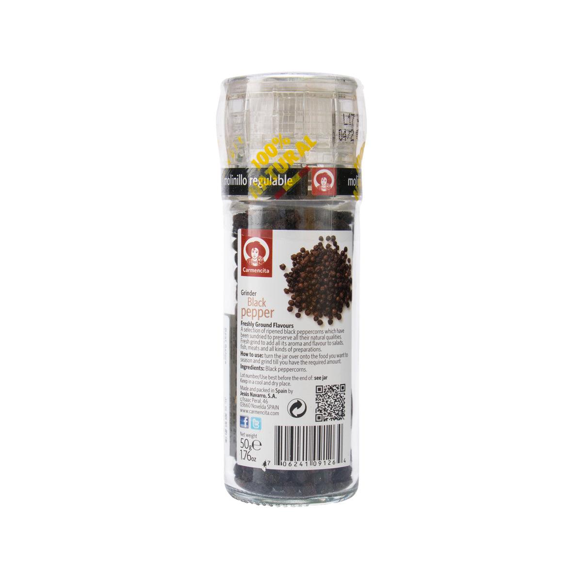 Black pepper grinder bottle back with barcode and product info, 50 g