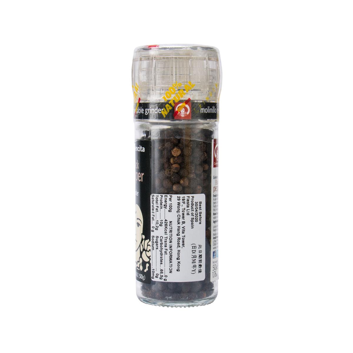 Black pepper grinder bottle side with ingredients and usage details, 50 g