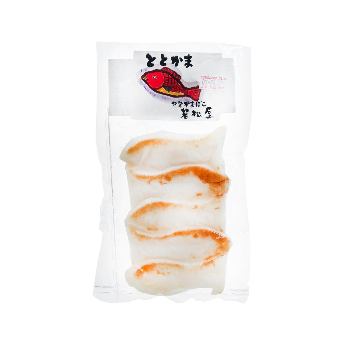 Mini fish cake slices in clear pouch, pale with orange markings, 5 pcs